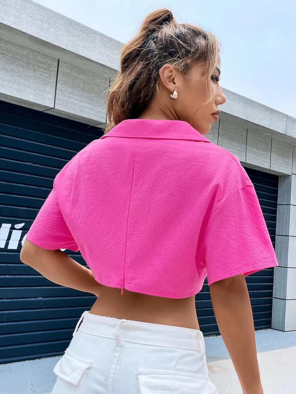 Verdusa Women's Short Sleeve Collar Neck Flap Pocket Twist Front Crop Top Shirts