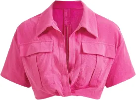 Verdusa Women's Short Sleeve Collar Neck Flap Pocket Twist Front Crop Top Shirts
