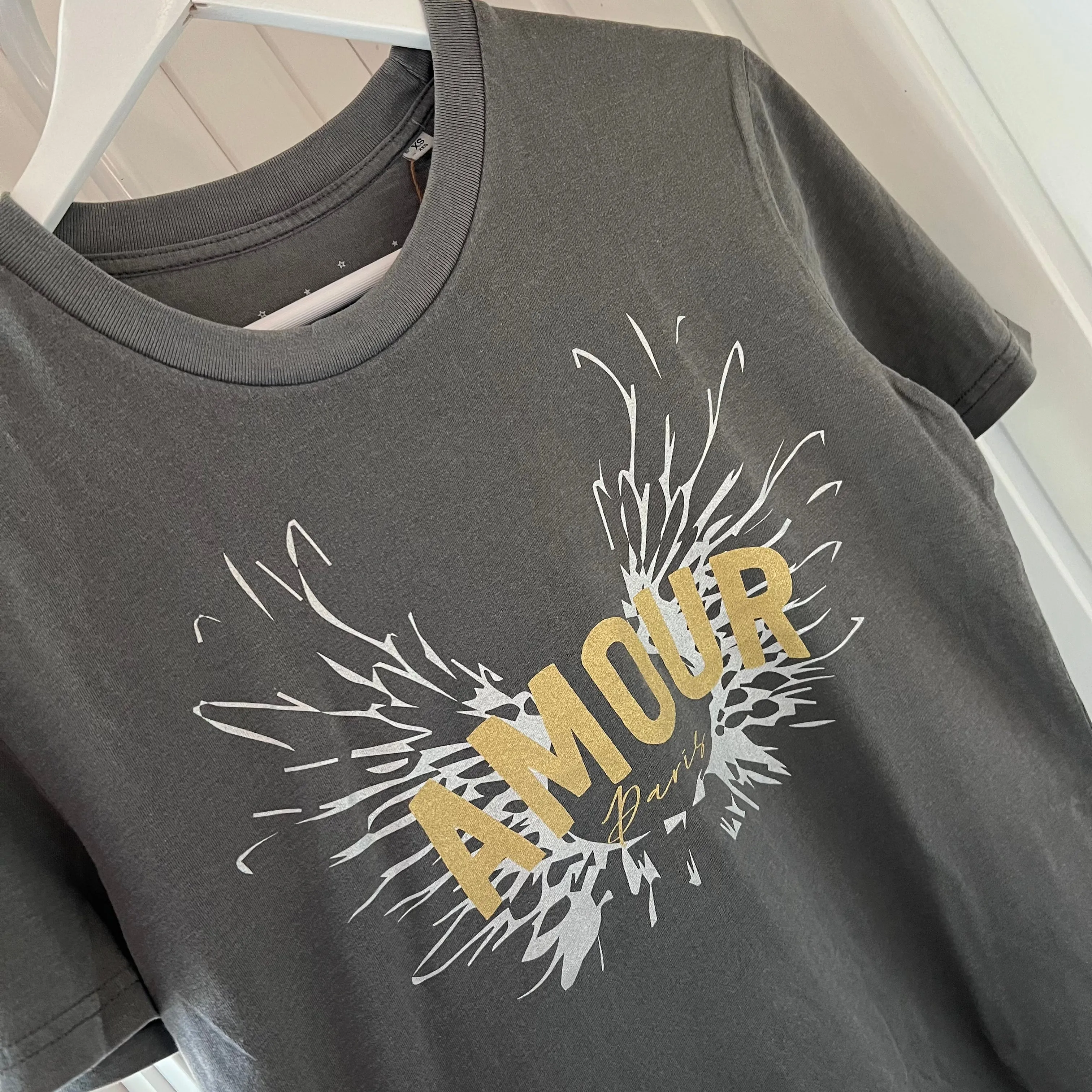 Vintage washed gold & silver AMOUR charcoal tee *boyfriend fit* *new*