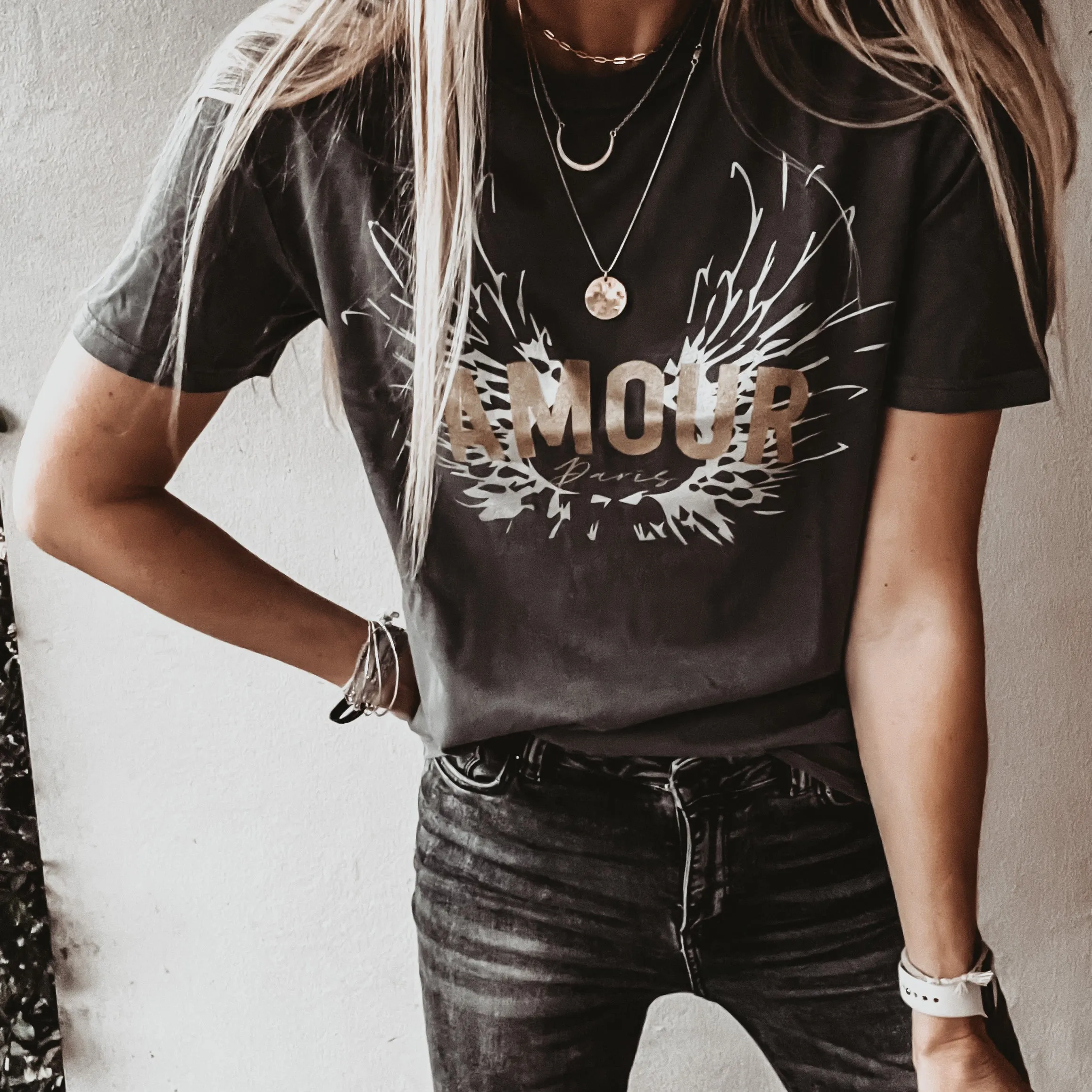 Vintage washed gold & silver AMOUR charcoal tee *boyfriend fit* *new*
