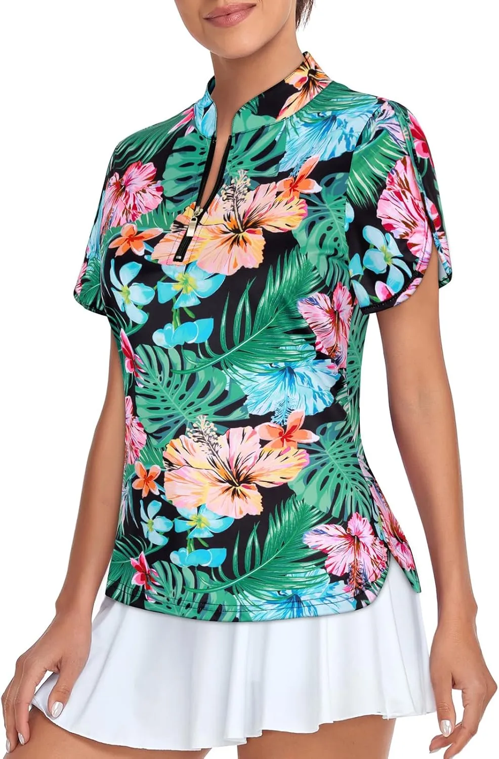Viracy Women's Golf Shirts Short Sleeve Side Splits Loose Fitting 1/4 Zip Up Polo Shirt UV Protection Fast Dry Athletic Tops