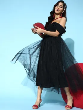 Women Black Tulle Bardot Midi Dress
