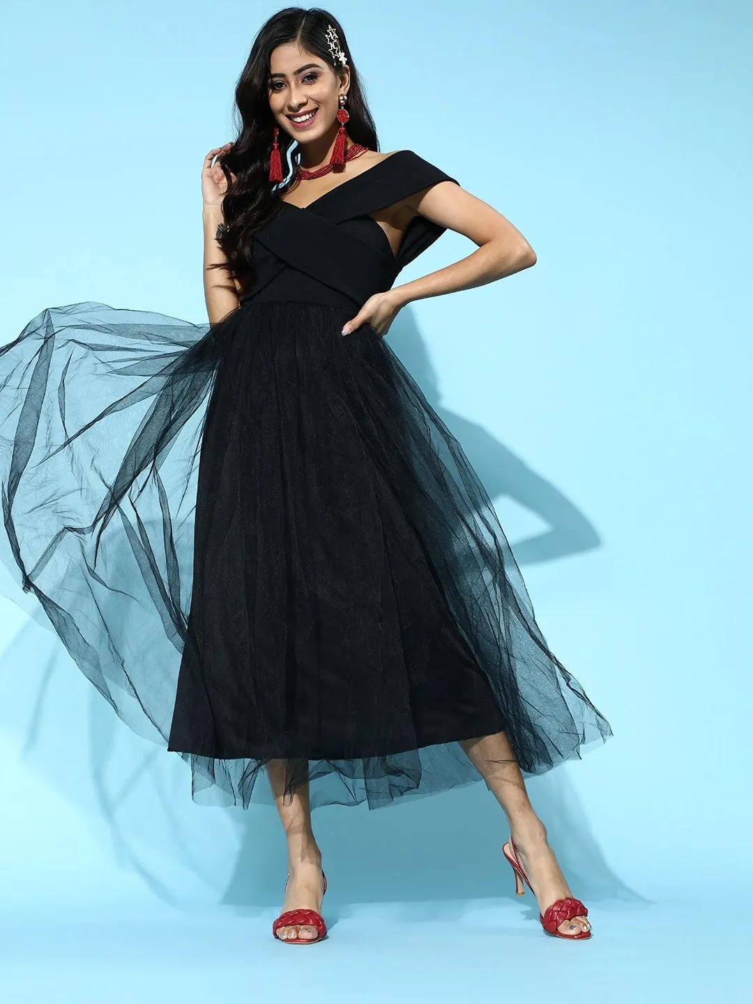 Women Black Tulle Bardot Midi Dress