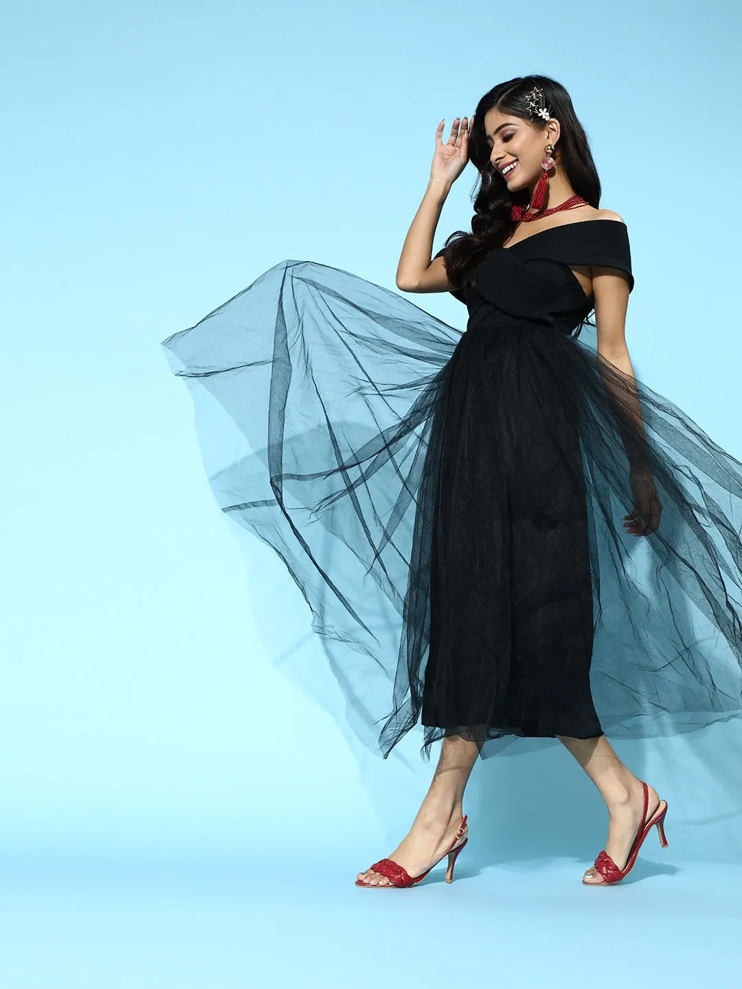 Women Black Tulle Bardot Midi Dress