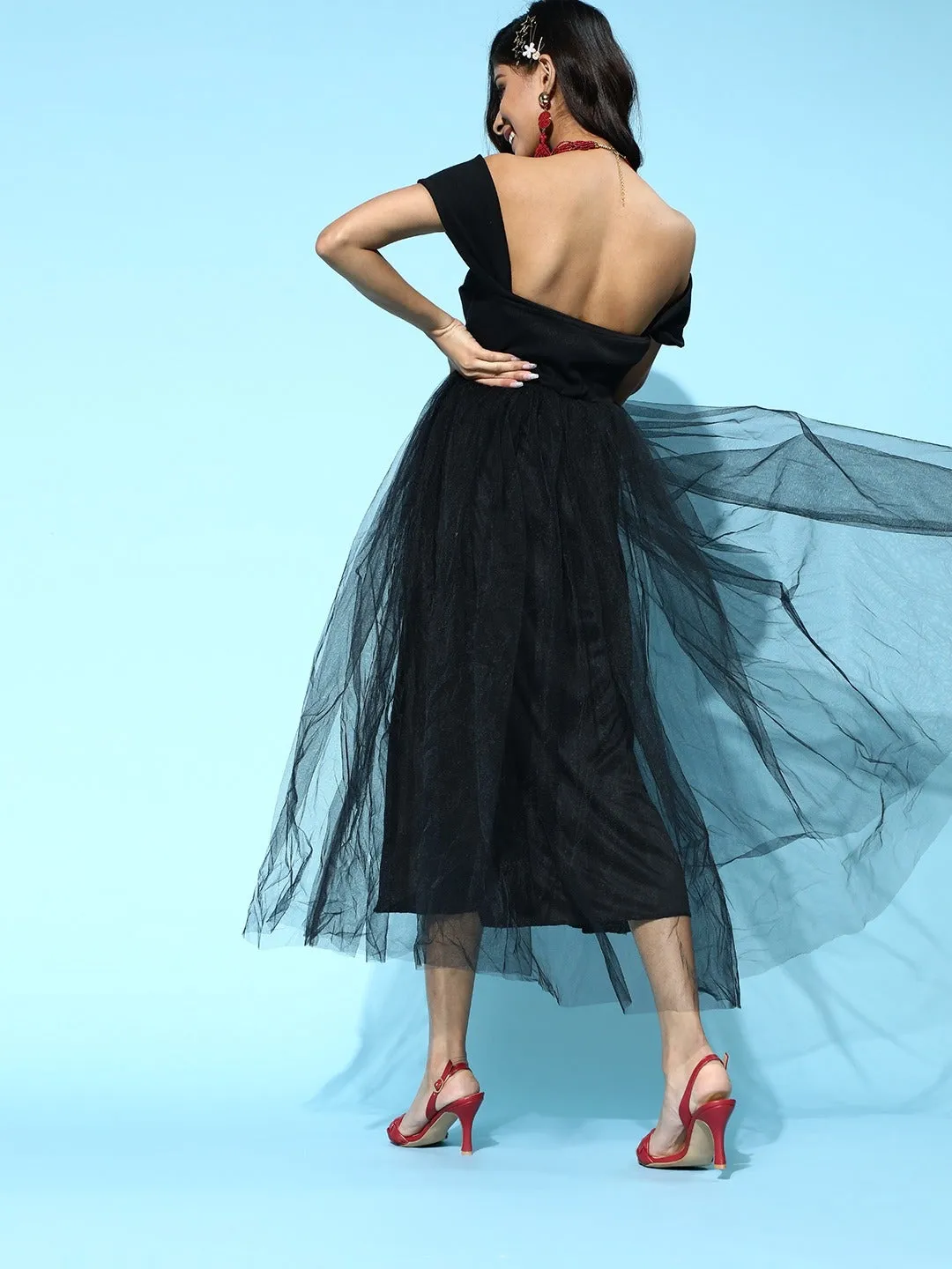 Women Black Tulle Bardot Midi Dress