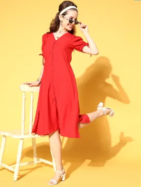 Women Red Front Open Midi Dress