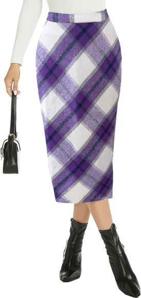 Womens Flannel Plaid Straight Vintage A Line Midi Length Long Pencil Skirt