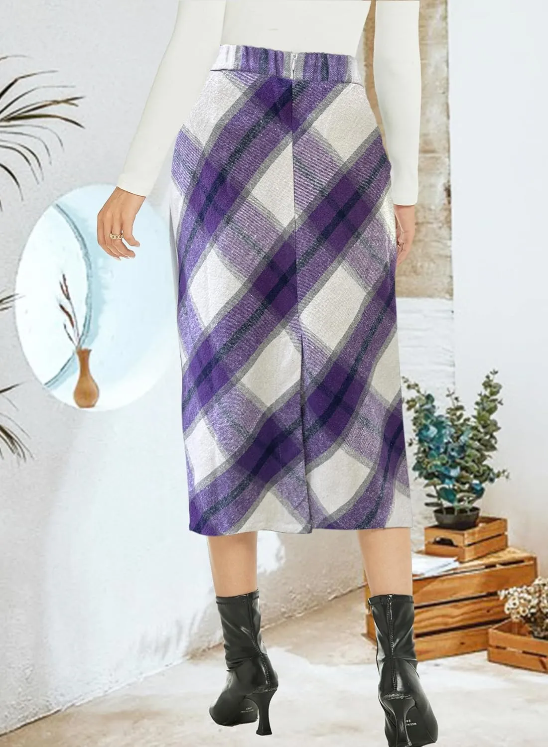 Womens Flannel Plaid Straight Vintage A Line Midi Length Long Pencil Skirt