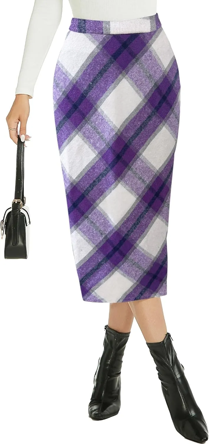 Womens Flannel Plaid Straight Vintage A Line Midi Length Long Pencil Skirt