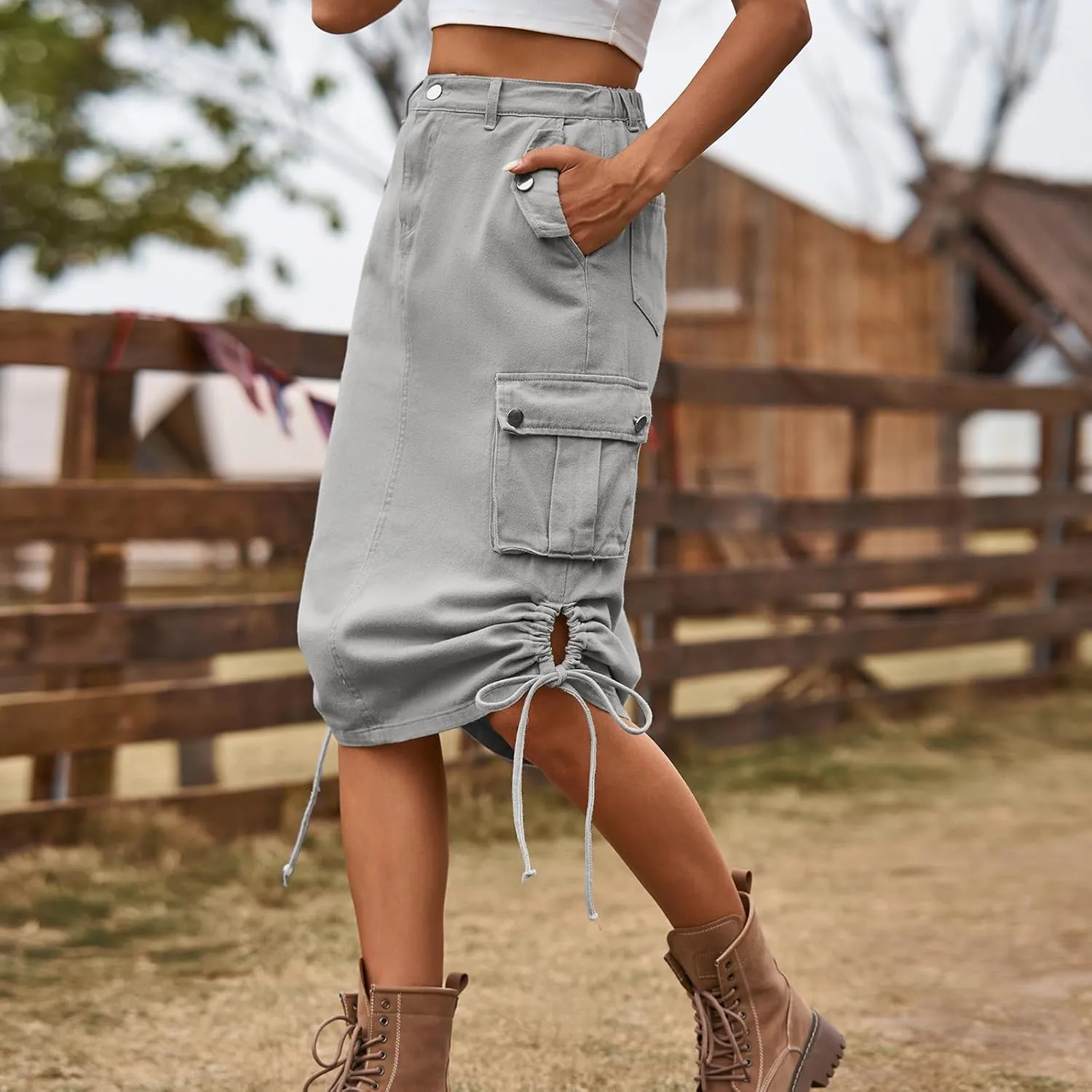 Women's High Waisted Drawstring Cargo Long Skirt Knee Length Side Split Denim Skirts with Cargo Pockets