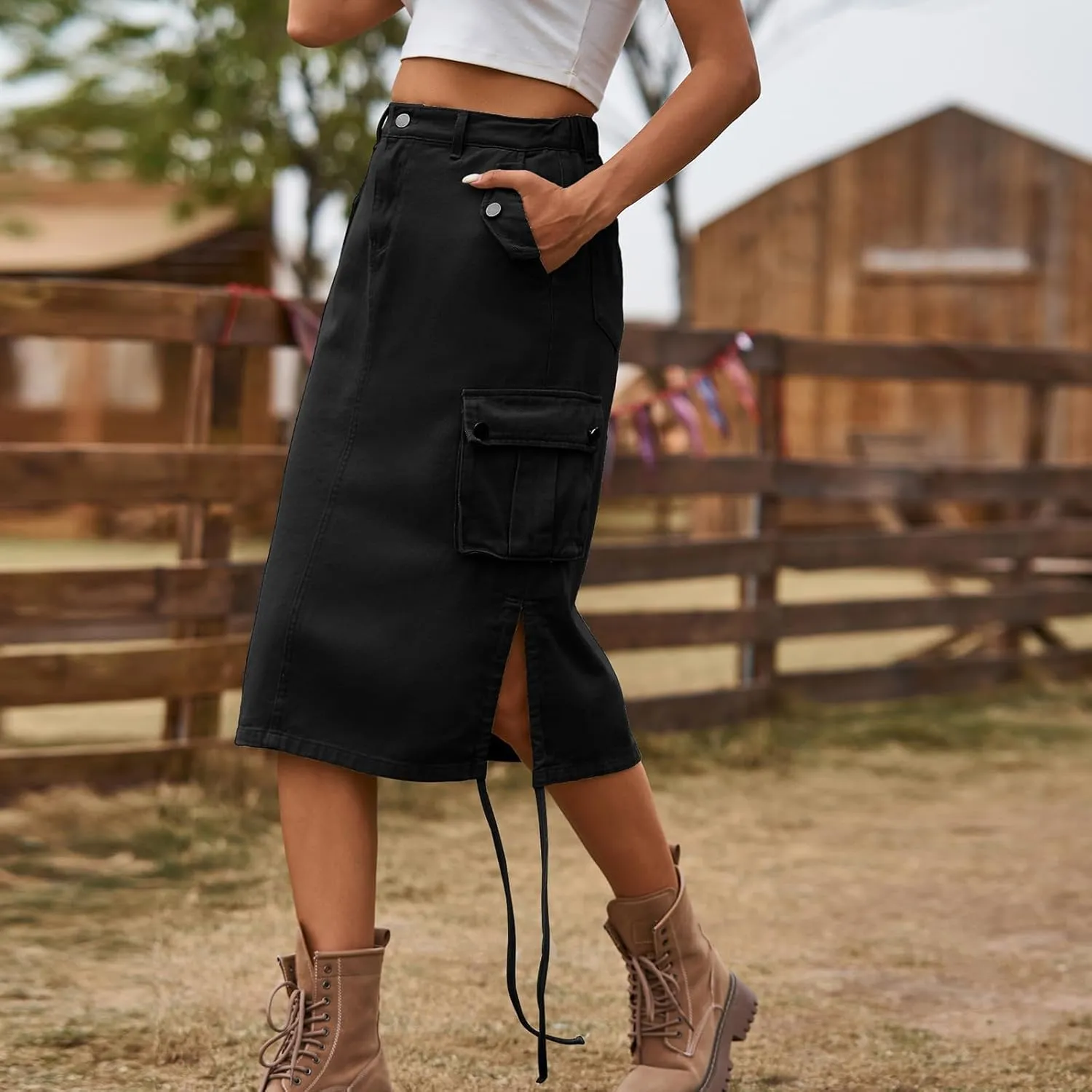 Women's High Waisted Drawstring Cargo Long Skirt Knee Length Side Split Denim Skirts with Cargo Pockets