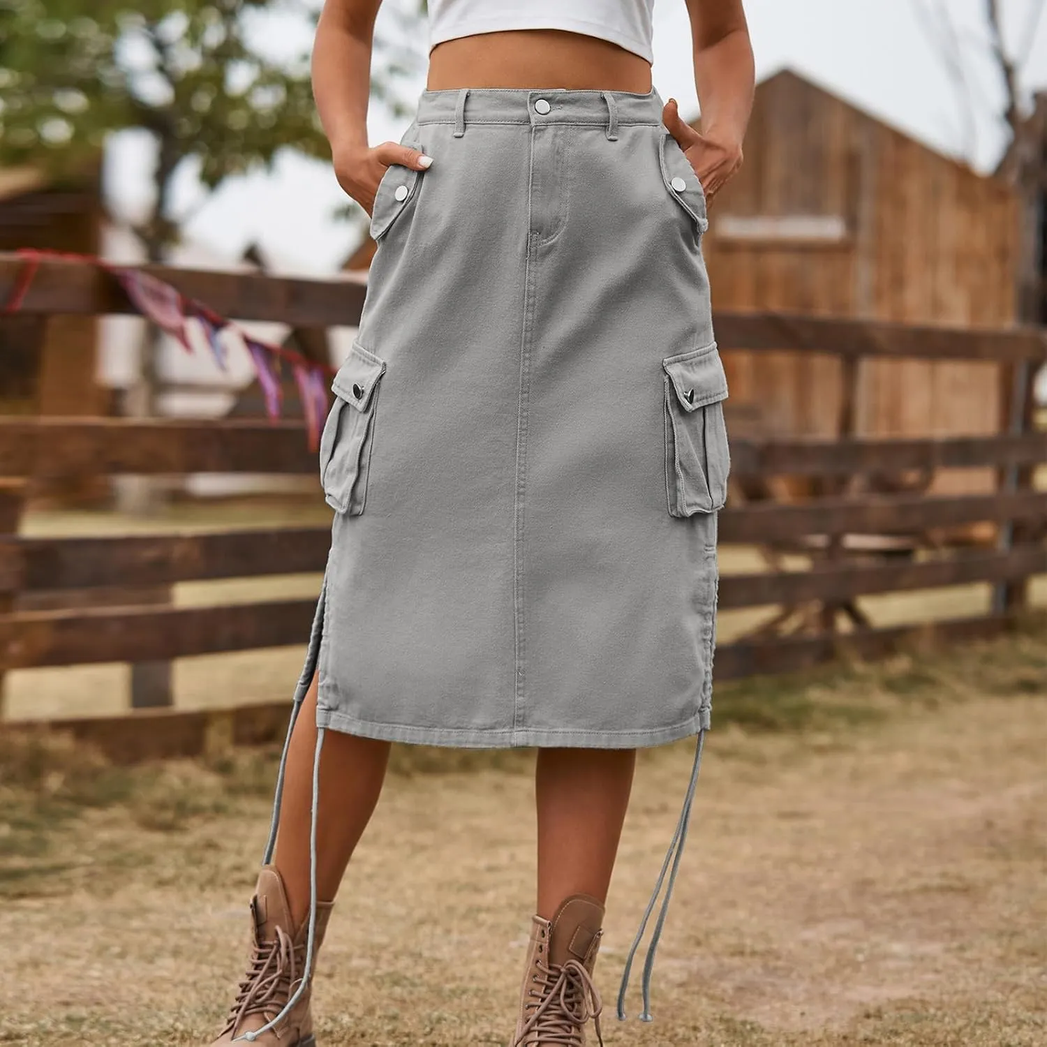 Women's High Waisted Drawstring Cargo Long Skirt Knee Length Side Split Denim Skirts with Cargo Pockets