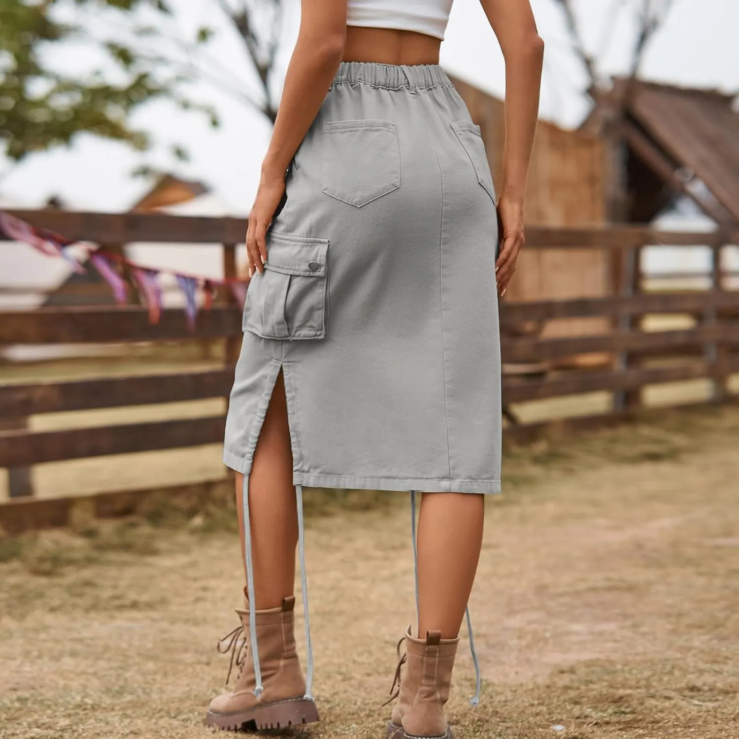Women's High Waisted Drawstring Cargo Long Skirt Knee Length Side Split Denim Skirts with Cargo Pockets