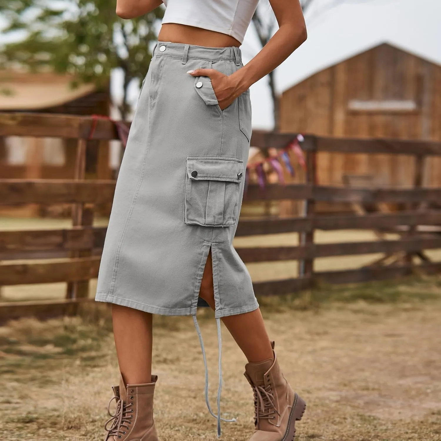 Women's High Waisted Drawstring Cargo Long Skirt Knee Length Side Split Denim Skirts with Cargo Pockets