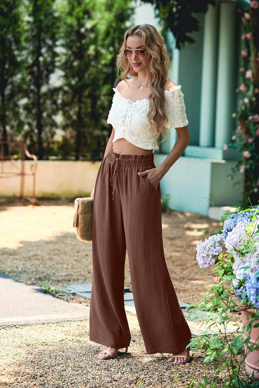 Women's High Waisted Wide Leg Pants Flowy Palazzo Pants Work Casual Tie Knot Pants with Pockets