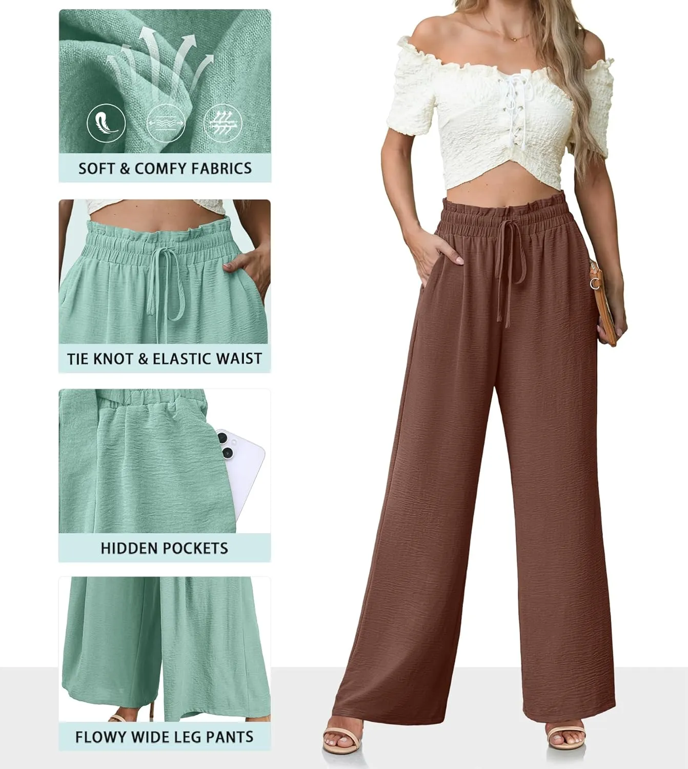 Women's High Waisted Wide Leg Pants Flowy Palazzo Pants Work Casual Tie Knot Pants with Pockets