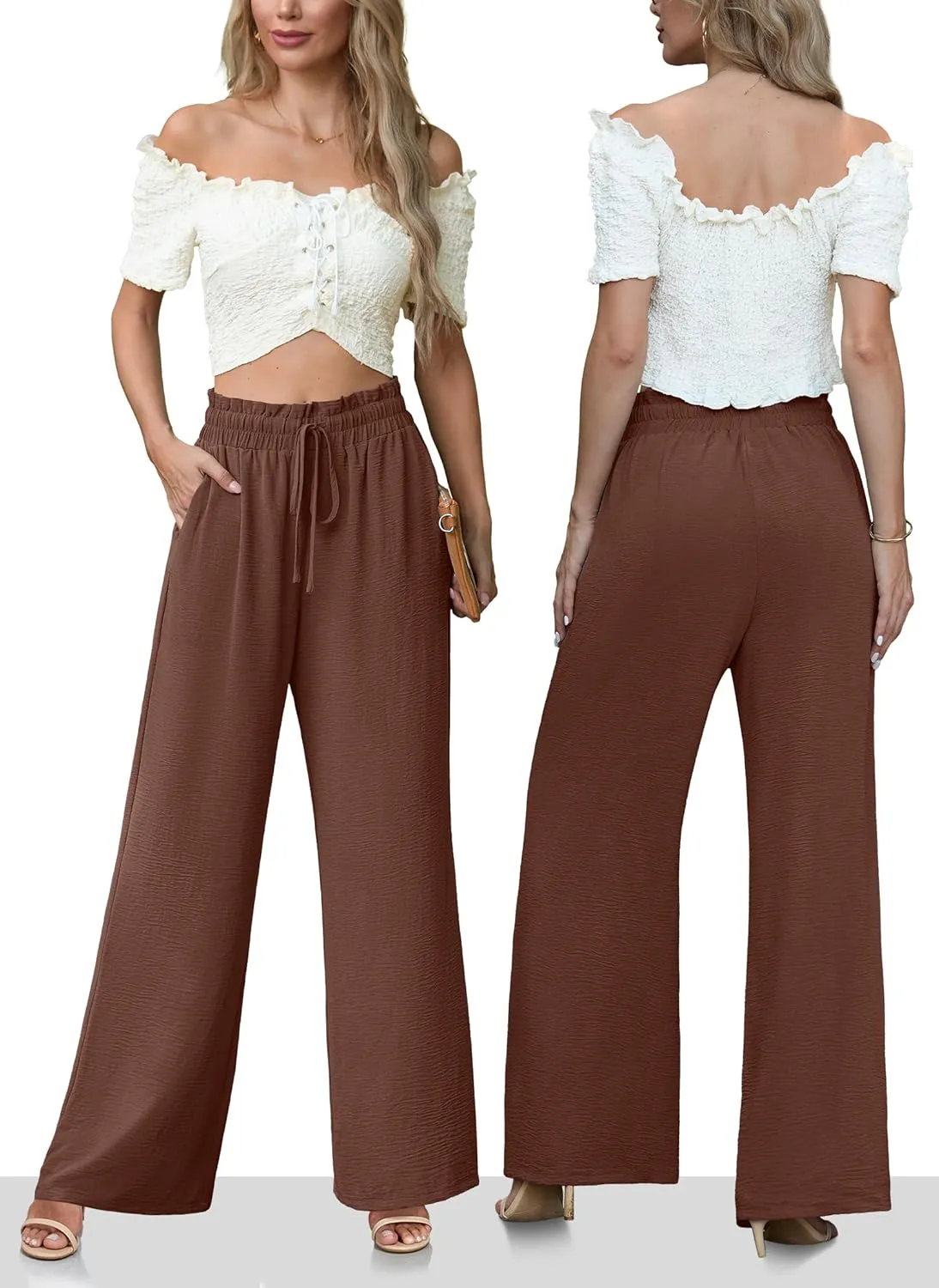 Women's High Waisted Wide Leg Pants Flowy Palazzo Pants Work Casual Tie Knot Pants with Pockets