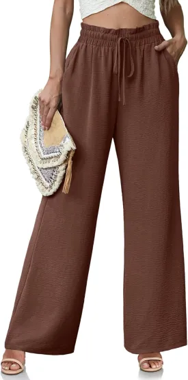 Women's High Waisted Wide Leg Pants Flowy Palazzo Pants Work Casual Tie Knot Pants with Pockets