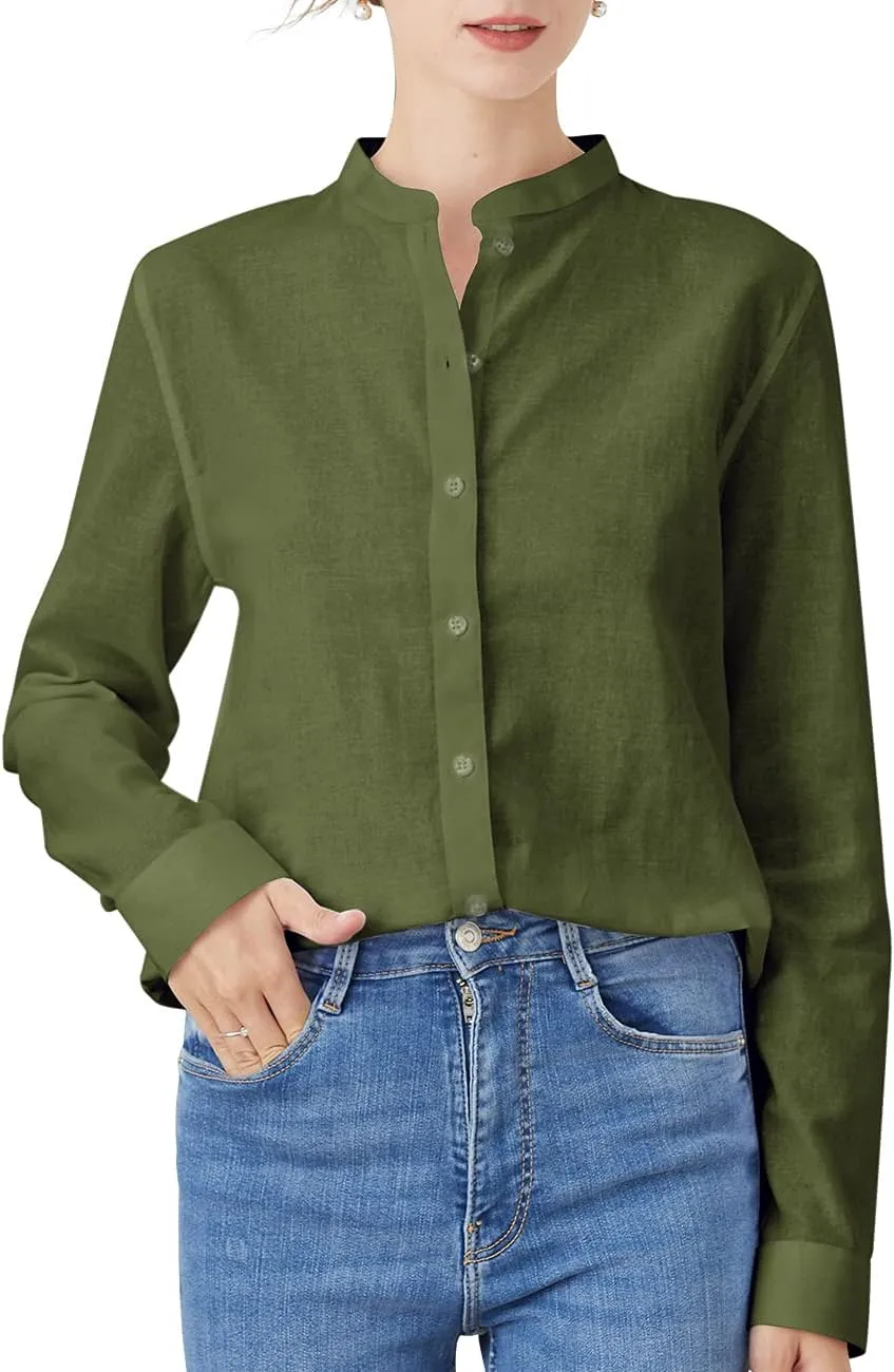 Women's Mandarin Collar Button-Down Shirts Casual Cotton Long Sleeve Blouses