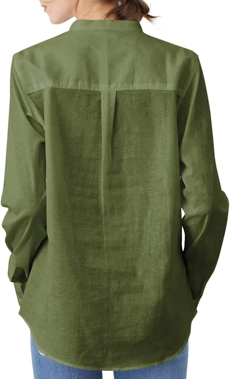 Women's Mandarin Collar Button-Down Shirts Casual Cotton Long Sleeve Blouses