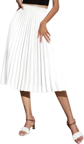 Women's Midi Skirt Elastic High Waist Pleated Skirt Knee Length Swing A-Line Casual Flowy Skirts 2025