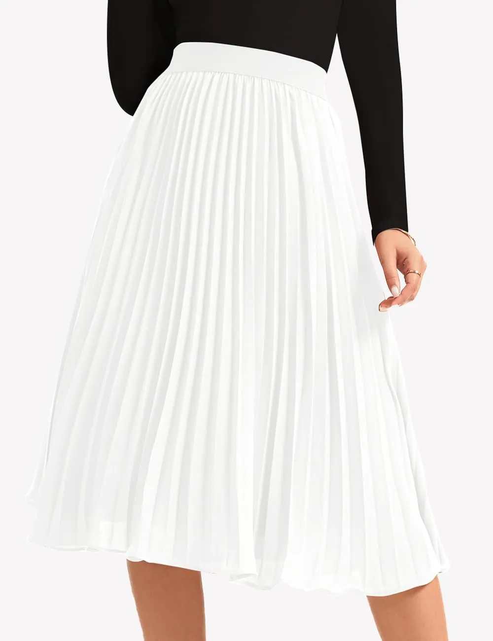 Women's Midi Skirt Elastic High Waist Pleated Skirt Knee Length Swing A-Line Casual Flowy Skirts 2025