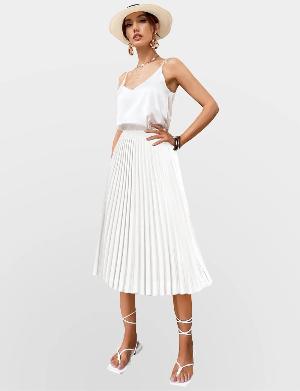 Women's Midi Skirt Elastic High Waist Pleated Skirt Knee Length Swing A-Line Casual Flowy Skirts 2025