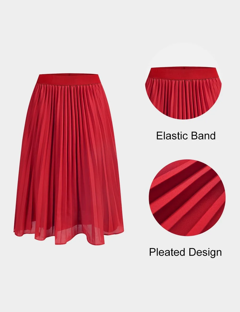 Women's Midi Skirt Elastic High Waist Pleated Skirt Knee Length Swing A-Line Casual Flowy Skirts 2025