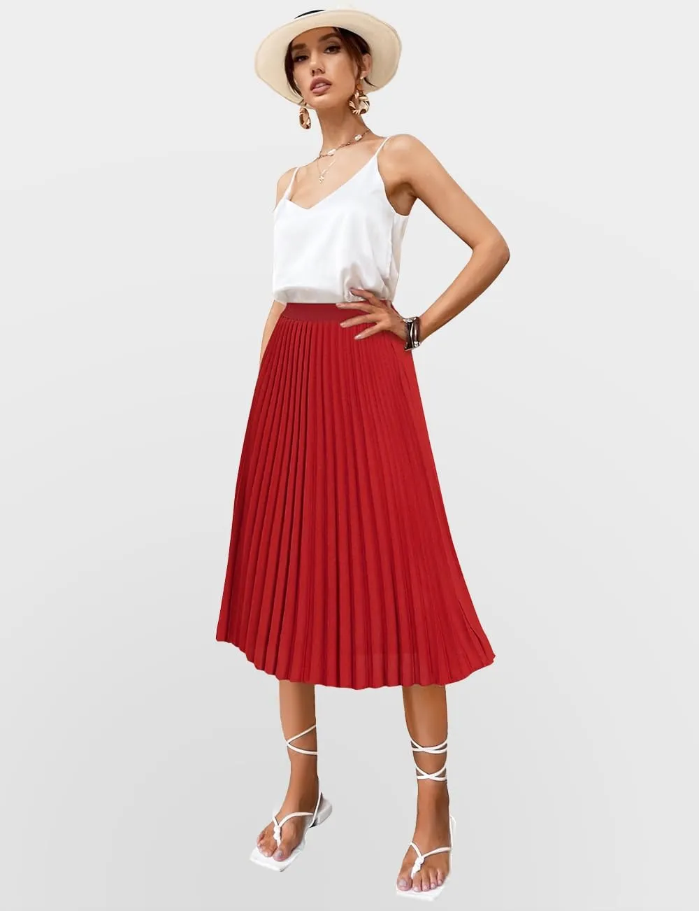 Women's Midi Skirt Elastic High Waist Pleated Skirt Knee Length Swing A-Line Casual Flowy Skirts 2025