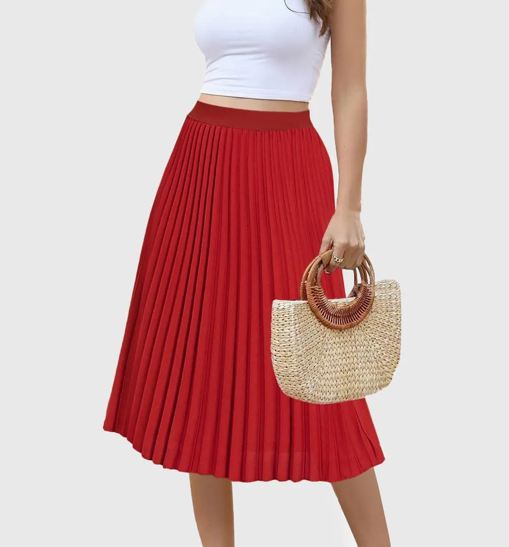 Women's Midi Skirt Elastic High Waist Pleated Skirt Knee Length Swing A-Line Casual Flowy Skirts 2025