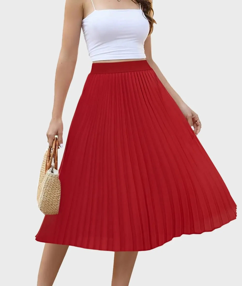 Women's Midi Skirt Elastic High Waist Pleated Skirt Knee Length Swing A-Line Casual Flowy Skirts 2025