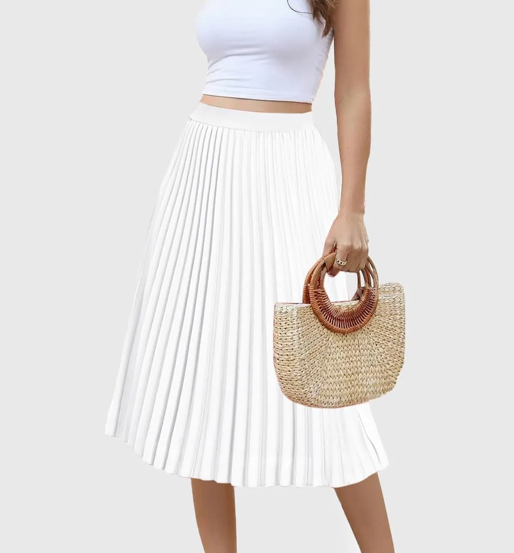 Women's Midi Skirt Elastic High Waist Pleated Skirt Knee Length Swing A-Line Casual Flowy Skirts 2025