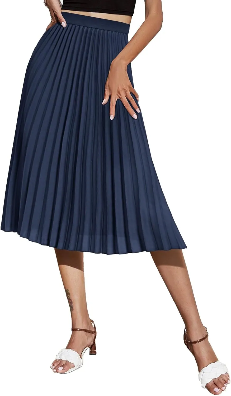 Women's Midi Skirt Elastic High Waist Pleated Skirt Knee Length Swing A-Line Casual Flowy Skirts 2025