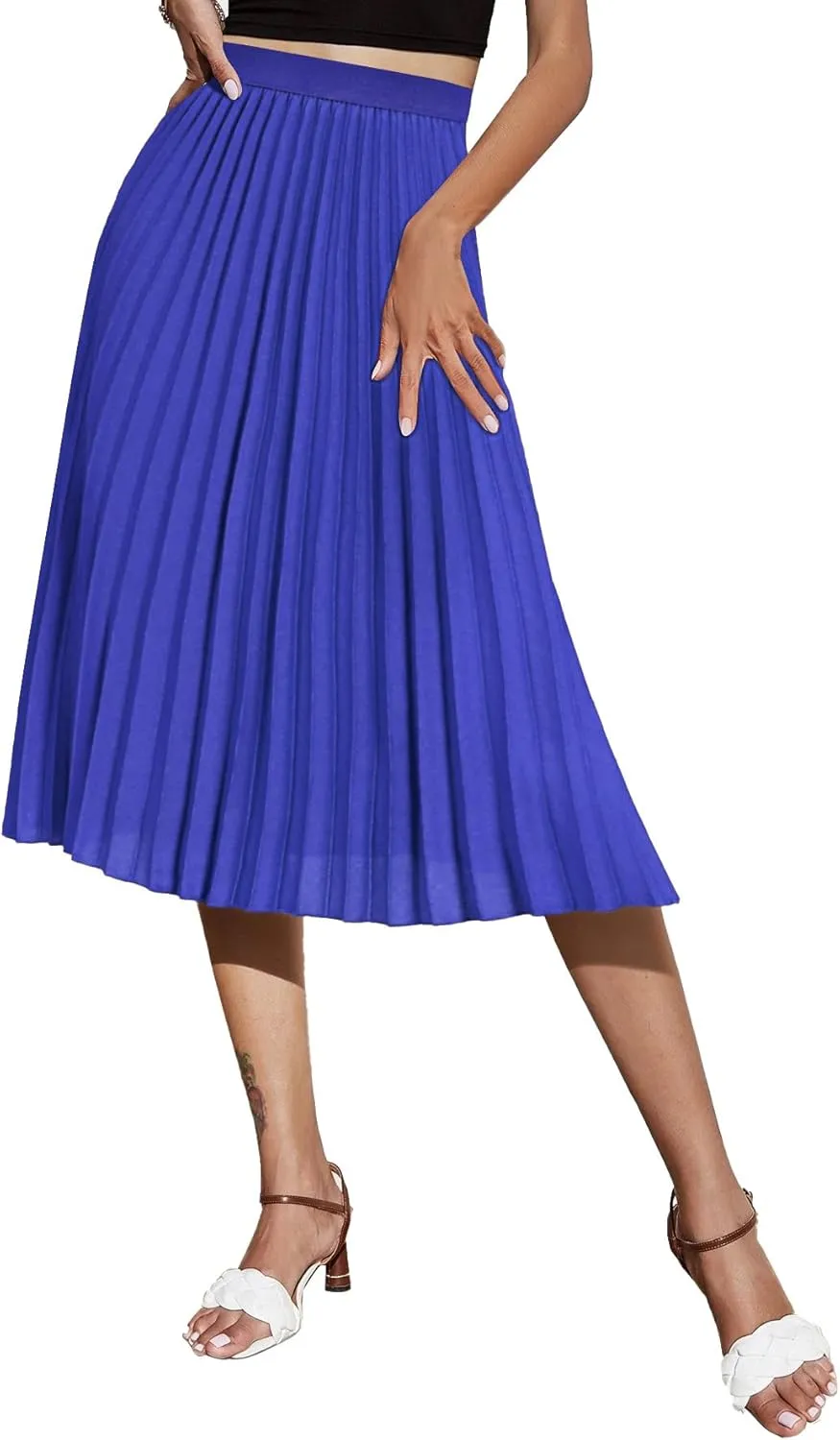 Women's Midi Skirt Elastic High Waist Pleated Skirt Knee Length Swing A-Line Casual Flowy Skirts 2025