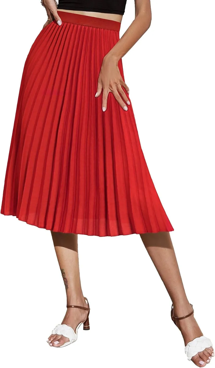 Women's Midi Skirt Elastic High Waist Pleated Skirt Knee Length Swing A-Line Casual Flowy Skirts 2025
