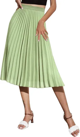 Women's Midi Skirt Elastic High Waist Pleated Skirt Knee Length Swing A-Line Casual Flowy Skirts 2025