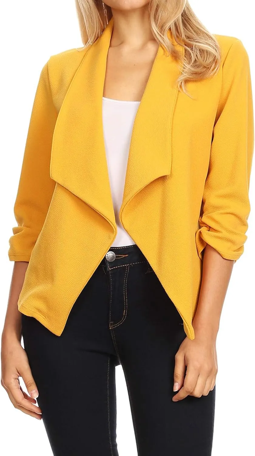 Women's Solid Formal Office Style Open Front Long Sleeves Blazer - Made in USA