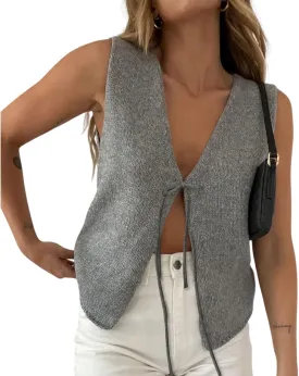 Women's Tie Front Crochet Vest Y2K Sleeveless V Neck Knit Open Front Top Going Out Streetwear
