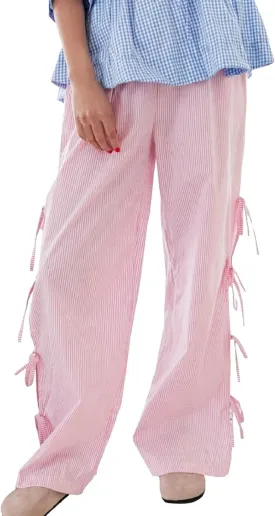 Women's Y2k Plaid Pants Side Tie Bow Wide Leg Pants High Elastic Waisted Cropped Palazzo Pants Gingham Lounge Pants