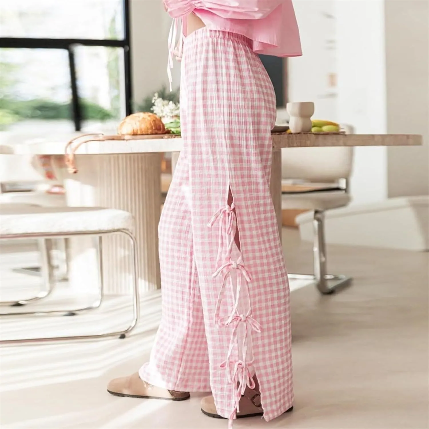 Women's Y2k Plaid Pants Side Tie Bow Wide Leg Pants High Elastic Waisted Cropped Palazzo Pants Gingham Lounge Pants