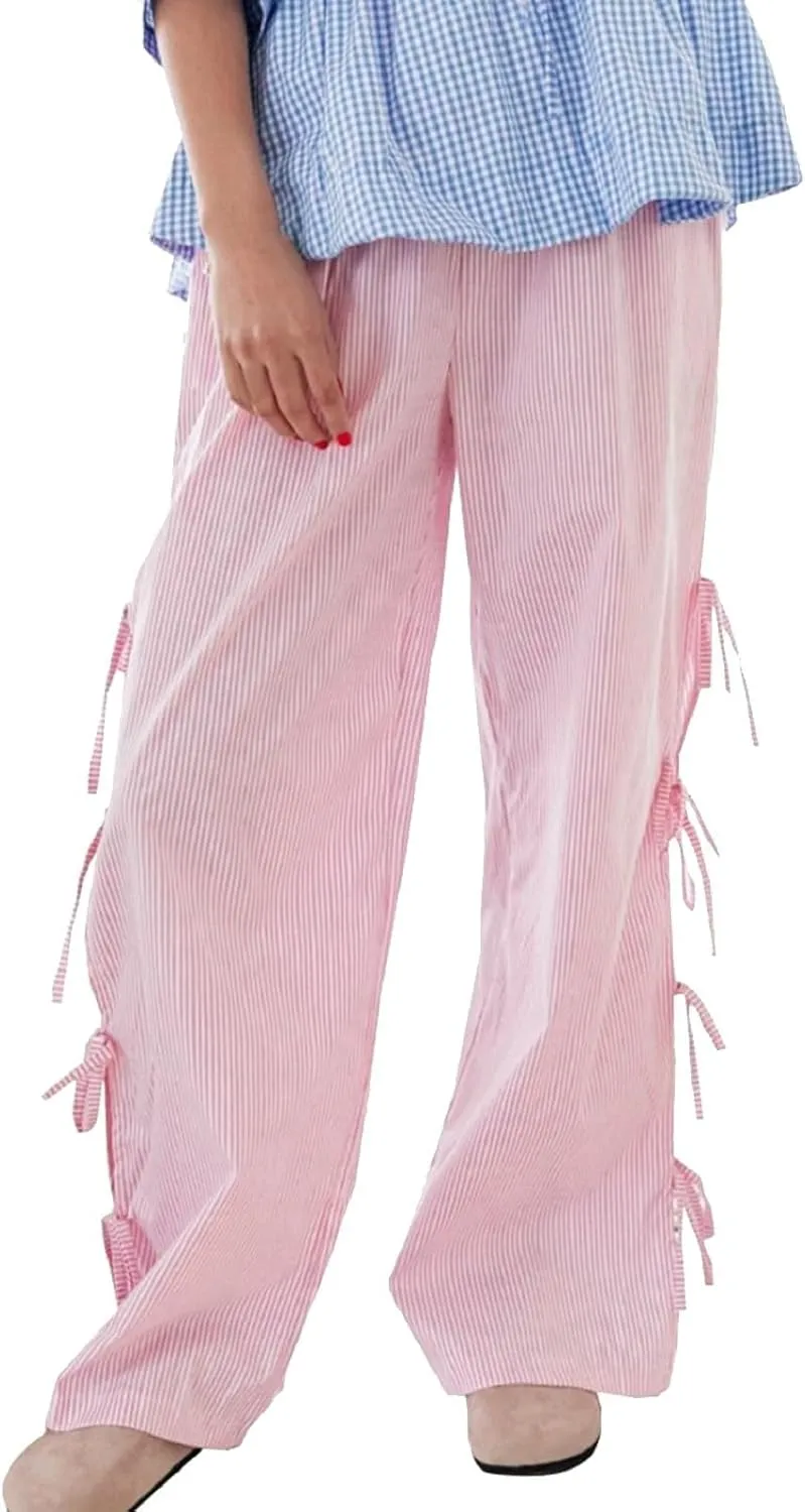 Women's Y2k Plaid Pants Side Tie Bow Wide Leg Pants High Elastic Waisted Cropped Palazzo Pants Gingham Lounge Pants