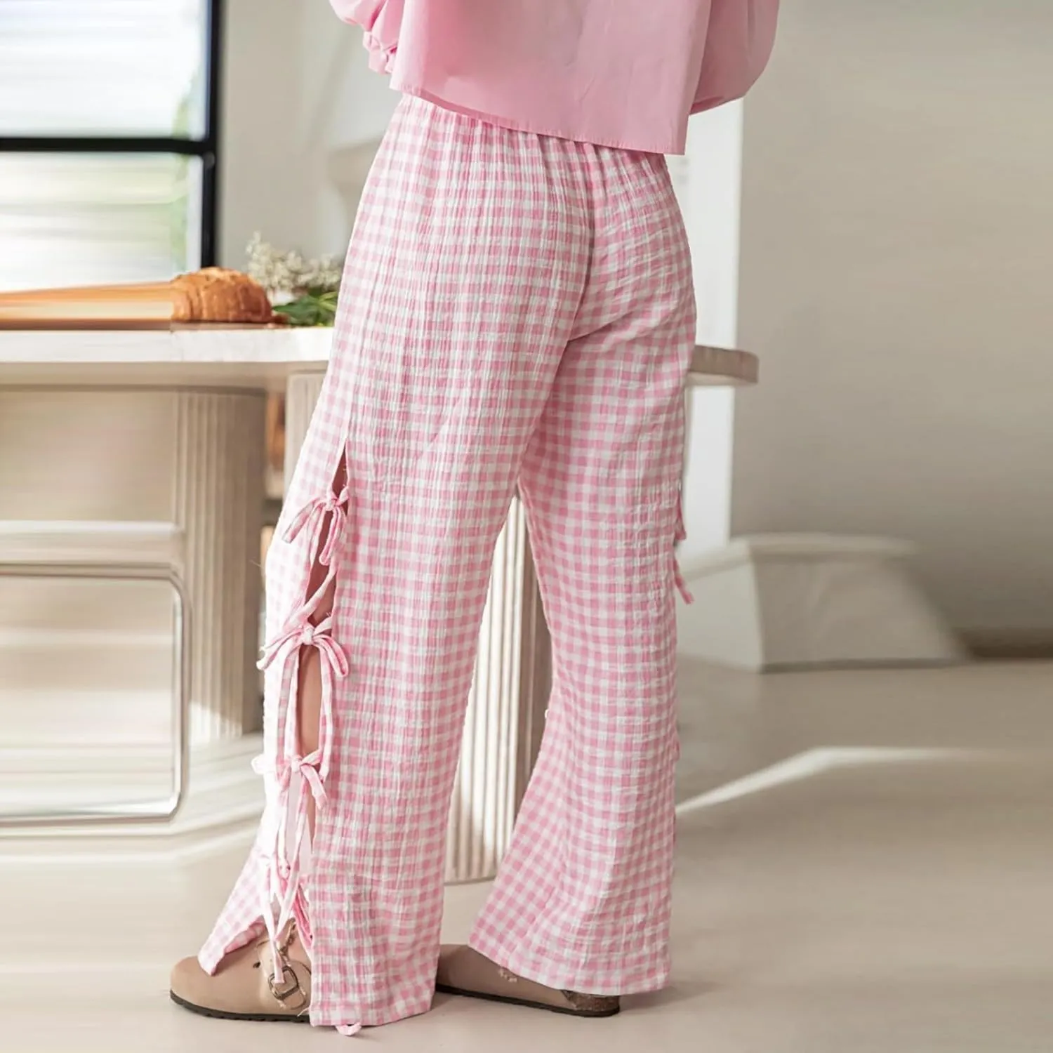 Women's Y2k Plaid Pants Side Tie Bow Wide Leg Pants High Elastic Waisted Cropped Palazzo Pants Gingham Lounge Pants