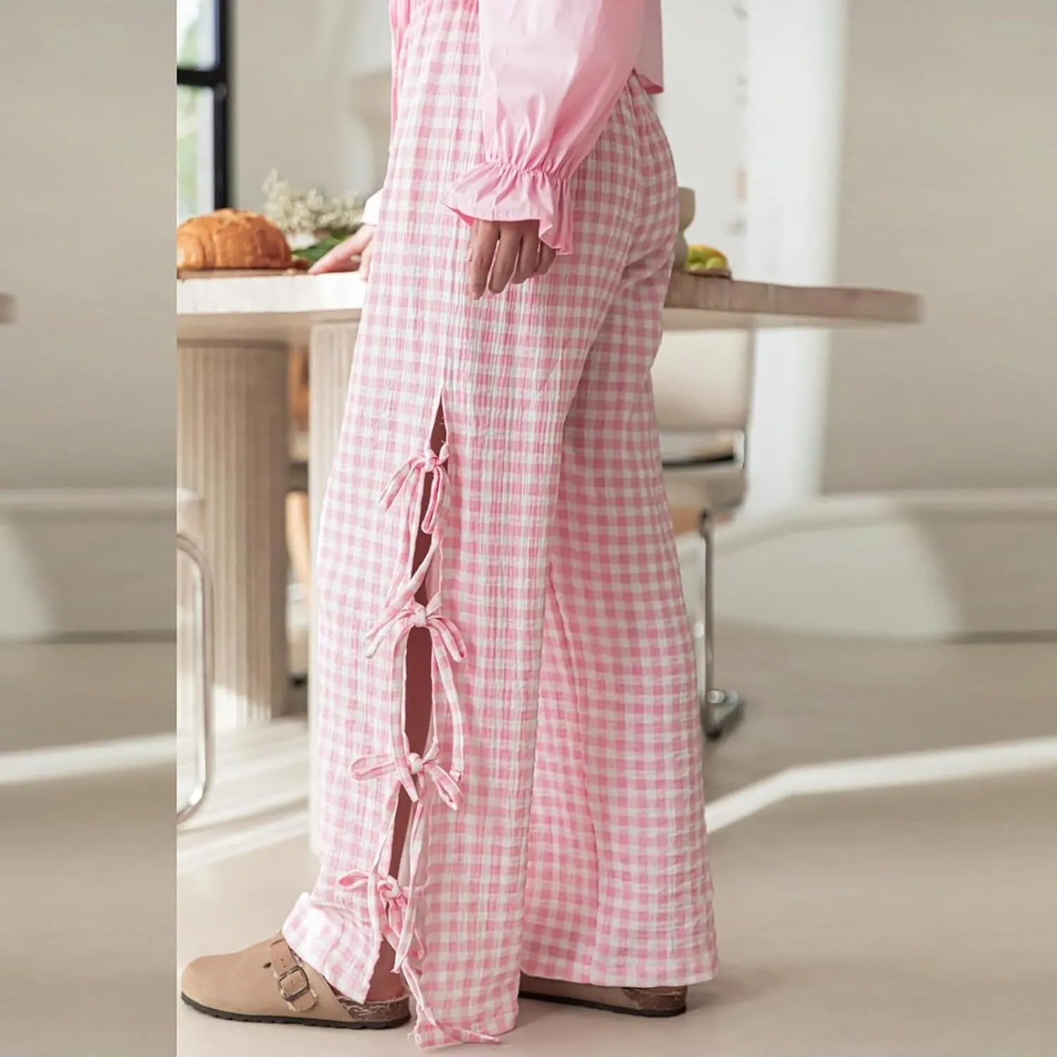 Women's Y2k Plaid Pants Side Tie Bow Wide Leg Pants High Elastic Waisted Cropped Palazzo Pants Gingham Lounge Pants