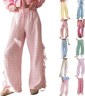 Women's Y2k Plaid Pants Side Tie Bow Wide Leg Pants High Elastic Waisted Cropped Palazzo Pants Gingham Lounge Pants