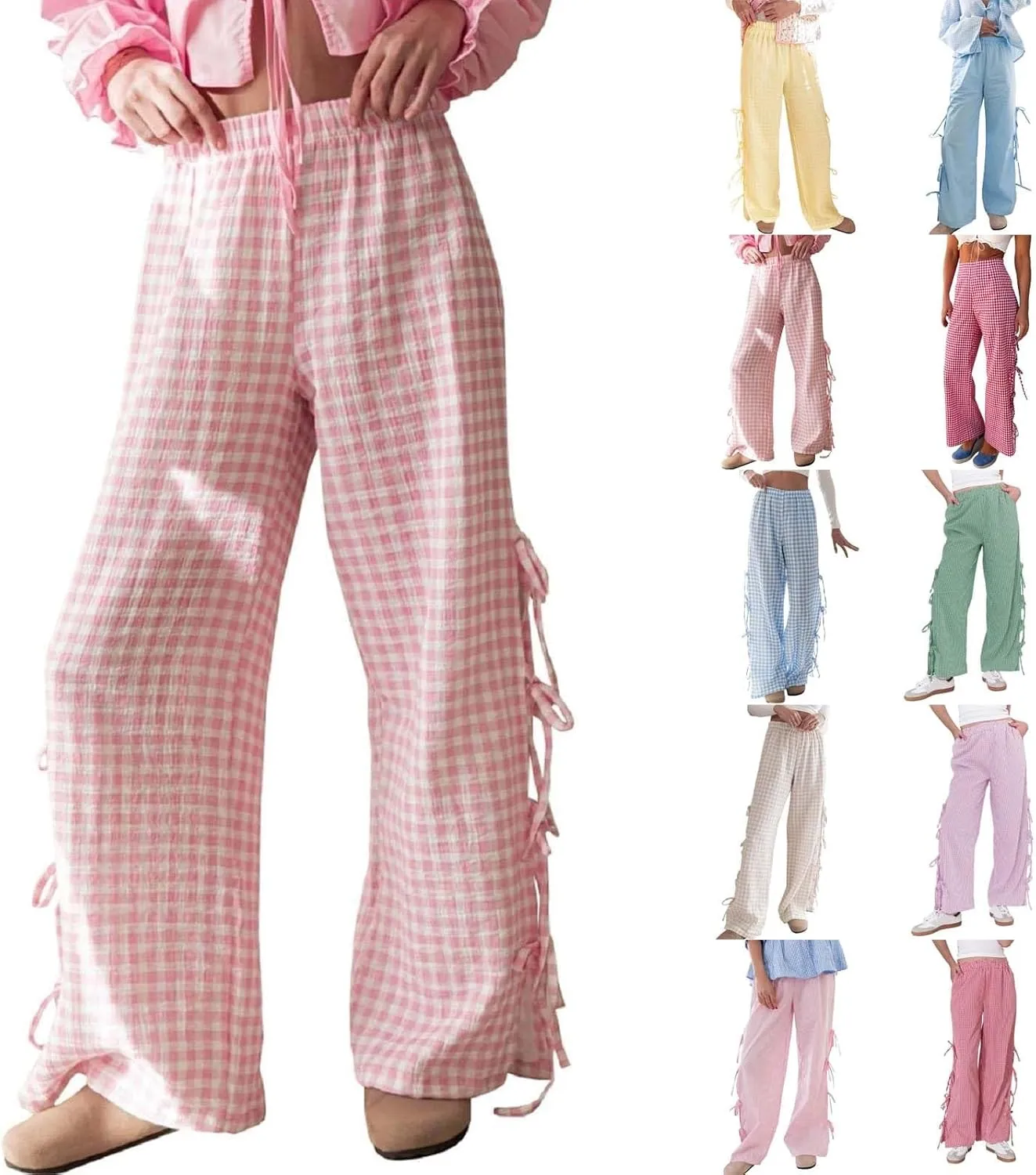 Women's Y2k Plaid Pants Side Tie Bow Wide Leg Pants High Elastic Waisted Cropped Palazzo Pants Gingham Lounge Pants