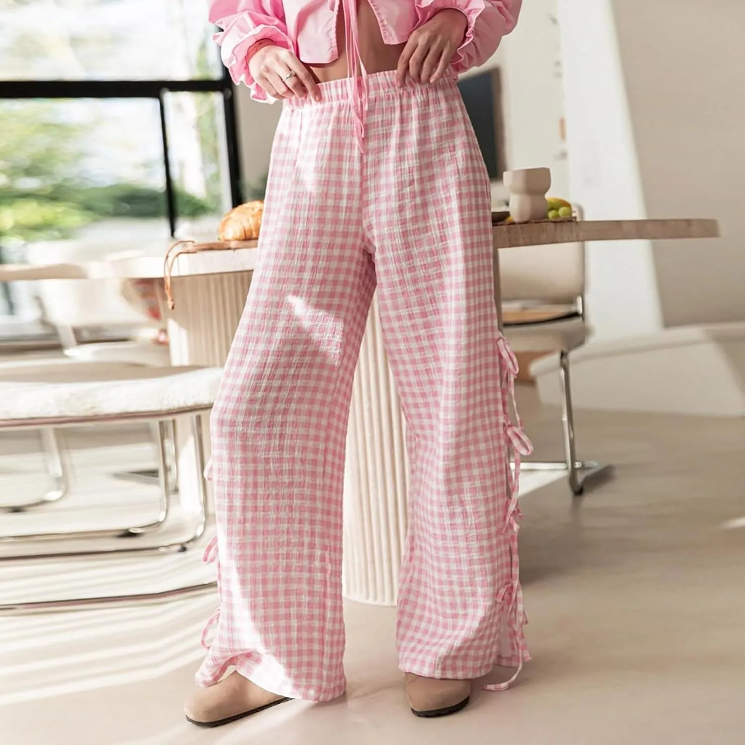 Women's Y2k Plaid Pants Side Tie Bow Wide Leg Pants High Elastic Waisted Cropped Palazzo Pants Gingham Lounge Pants
