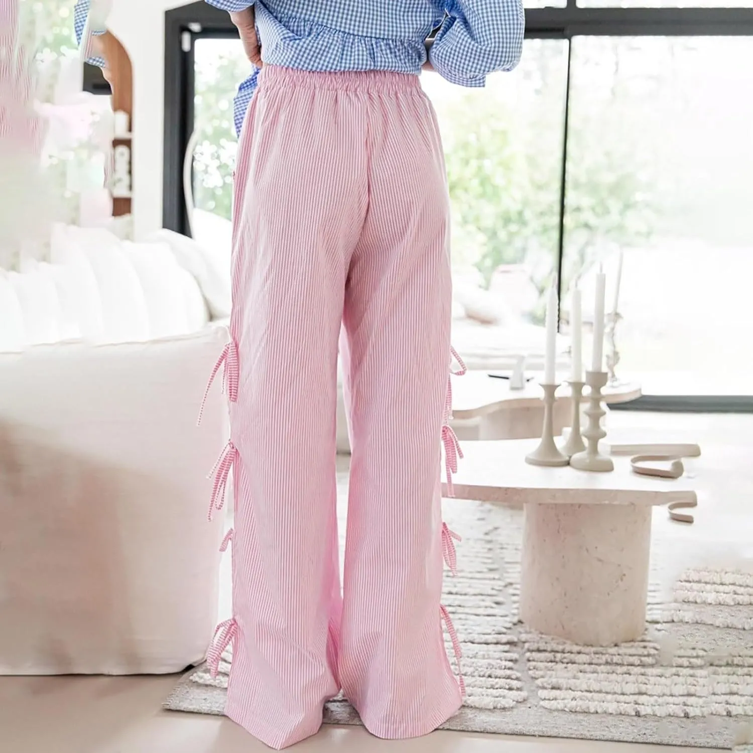 Women's Y2k Plaid Pants Side Tie Bow Wide Leg Pants High Elastic Waisted Cropped Palazzo Pants Gingham Lounge Pants