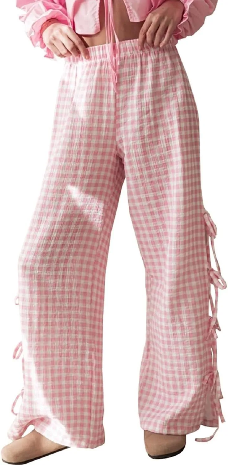 Women's Y2k Plaid Pants Side Tie Bow Wide Leg Pants High Elastic Waisted Cropped Palazzo Pants Gingham Lounge Pants