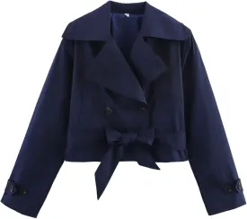 Xunger Women's Stylish Short Trench Coat Bow Belt Casual Long Sleeve Jacket Lightweight Spring Fall Windbreaker with Pockets