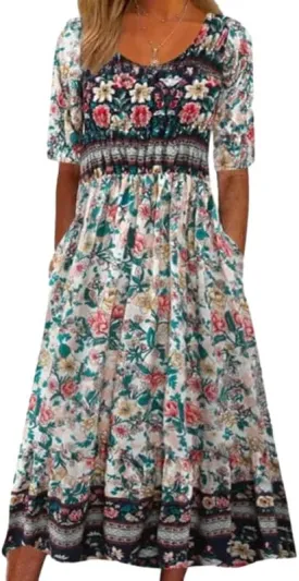ZOCAVIA Women's Boho Floral Midi Dress Summer Casual Ethnic Style Short Sleeve Flowy Bohemian Retro Sundresses with Pockets